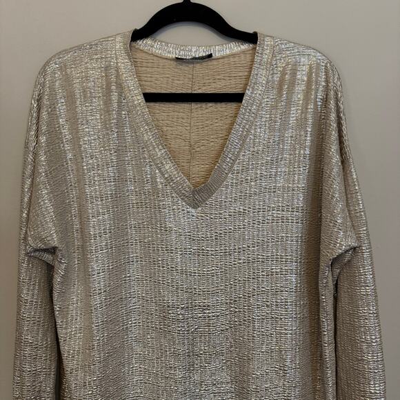 Vie Ta Vie Paris Blouse Womens XL Tan Metallic Plisse Funky Disco Evening Party - Picture 3 of 8